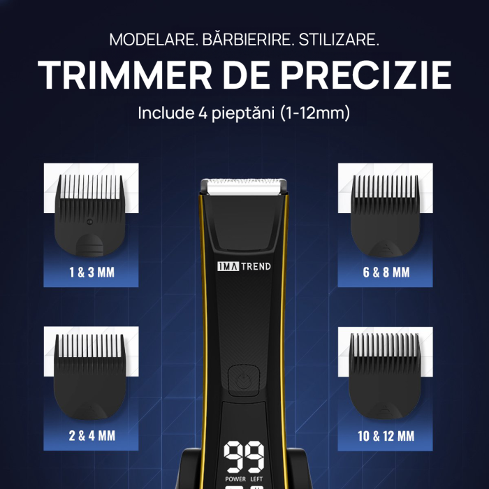 Aparat de tuns si ras IMA Trend Trimmer, inghinal, barba si corp, ceramic, rezistent la apa, cu lumina led, LCD, 2 trepte de viteza, 6500 rpm, cu stand, Portabil, cu Incarcare USB, cu Baterie reincarcabila 600mAh, Autonomie 90 de minute, Negru - imagine 7