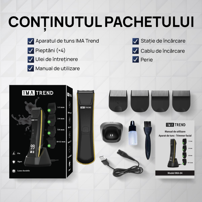 Aparat de tuns si ras IMA Trend Trimmer, inghinal, barba si corp, ceramic, rezistent la apa, cu lumina led, LCD, 2 trepte de viteza, 6500 rpm, cu stand, Portabil, cu Incarcare USB, cu Baterie reincarcabila 600mAh, Autonomie 90 de minute, Negru - imagine 8