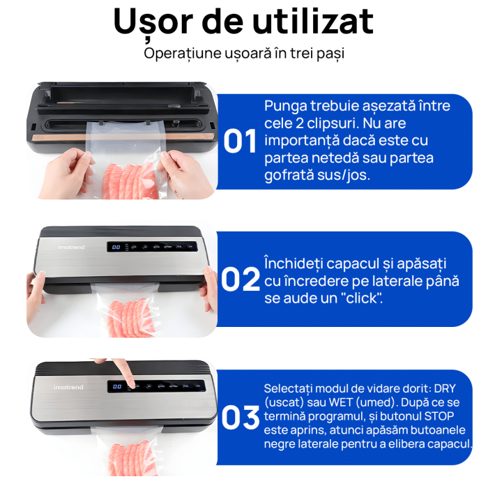 Aparat de vidat si sigilat alimente IMA Trend, 130W cu 80kpa, 5 functii vidare umed/uscata/soft, panou de comanda tactil, 30 cm bara de lipire, Cutter Incorporat, cu 10 Pungi 15 x 20cm si o Rola de 25*500cm incluse, Furtun vidare sticle, Functie de Sigilare si Vidare Automata, Gri - imagine 4
