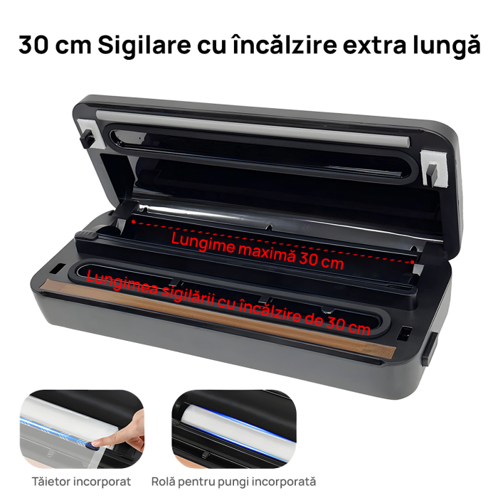 Aparat de vidat si sigilat alimente IMA Trend, 130W cu 80kpa, 5 functii vidare umed/uscata/soft, panou de comanda tactil, 30 cm bara de lipire, Cutter Incorporat, cu 10 Pungi 15 x 20cm si o Rola de 25*500cm incluse, Furtun vidare sticle, Functie de Sigilare si Vidare Automata, Gri - imagine 5